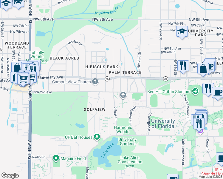 map of restaurants, bars, coffee shops, grocery stores, and more near 120 Village Drive in Gainesville