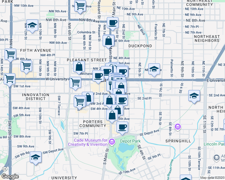 map of restaurants, bars, coffee shops, grocery stores, and more near 12 Southeast 2nd Avenue in Gainesville