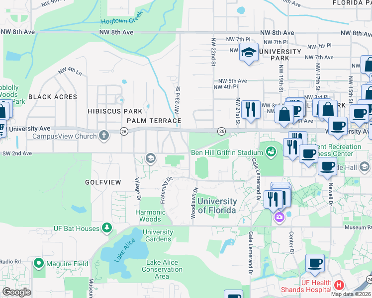 map of restaurants, bars, coffee shops, grocery stores, and more near 124 Southwest 23 Street in Gainesville