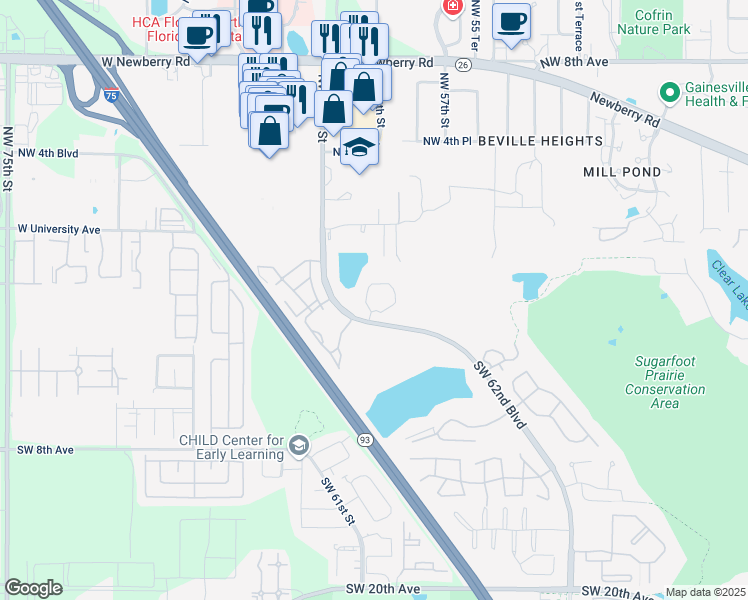 map of restaurants, bars, coffee shops, grocery stores, and more near 227 Southwest 62nd Boulevard in Gainesville