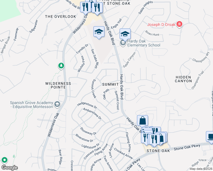 map of restaurants, bars, coffee shops, grocery stores, and more near 27002 Granite Path in San Antonio