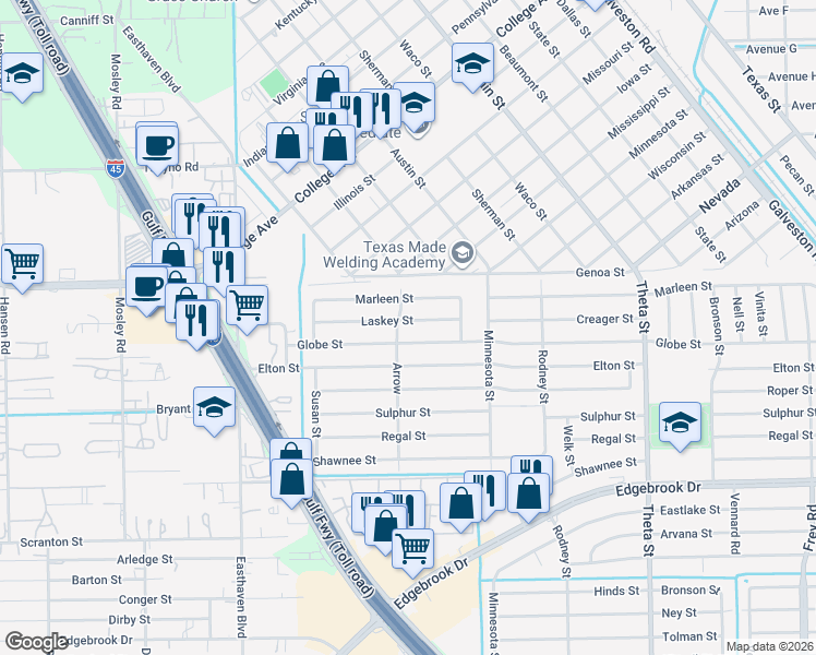 map of restaurants, bars, coffee shops, grocery stores, and more near 1230 Laskey Street in Houston