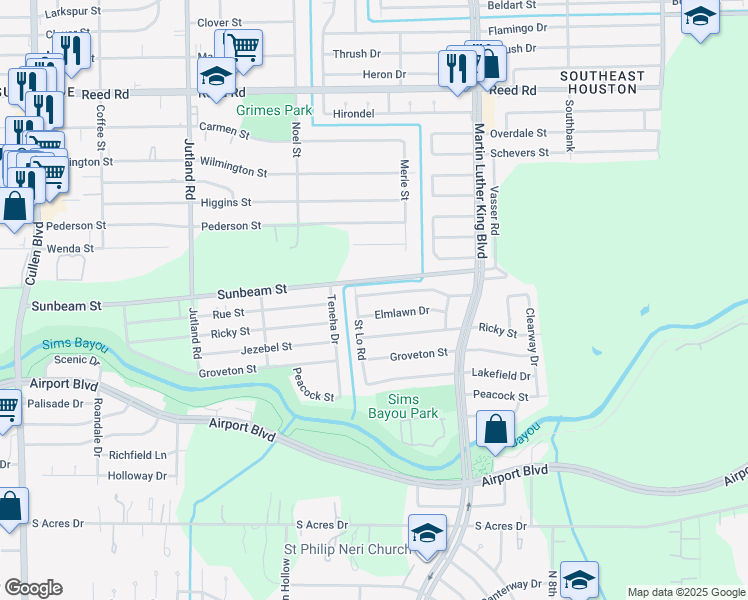 map of restaurants, bars, coffee shops, grocery stores, and more near 5514 Rue Street in Houston