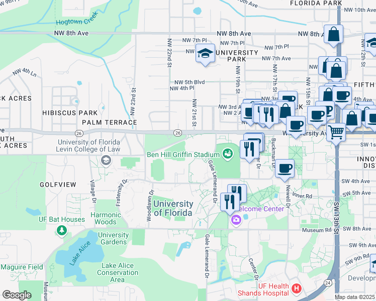 map of restaurants, bars, coffee shops, grocery stores, and more near 2101 Southwest 2nd Avenue in Gainesville