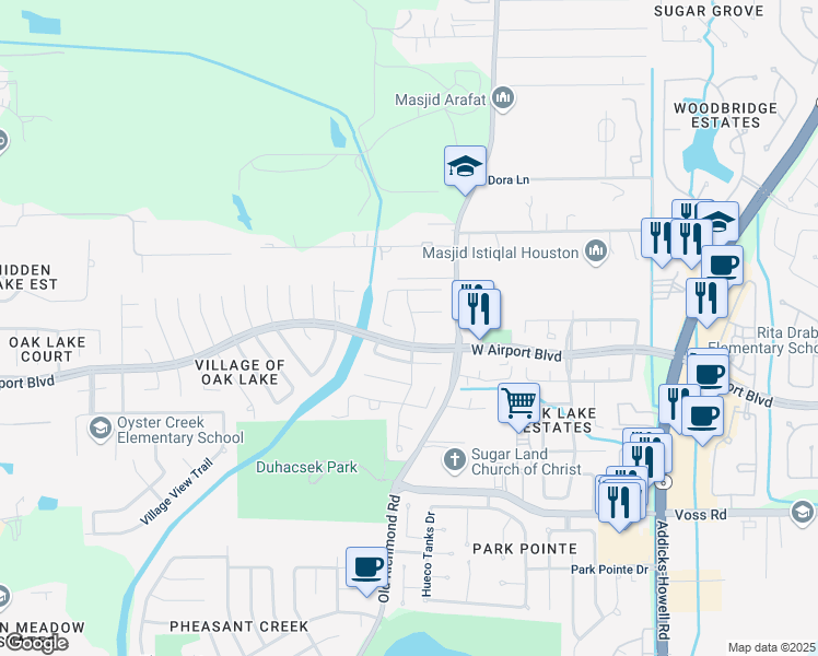 map of restaurants, bars, coffee shops, grocery stores, and more near 16627 Cobbler Crossing Drive in Sugar Land