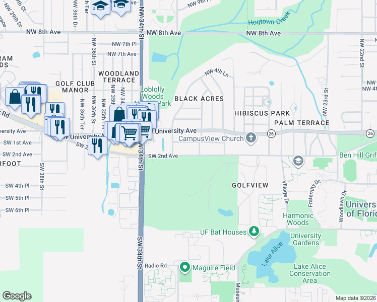 map of restaurants, bars, coffee shops, grocery stores, and more near 3020 Southwest 2nd Avenue in Gainesville