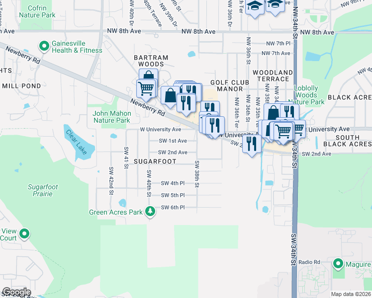 map of restaurants, bars, coffee shops, grocery stores, and more near 3817 Southwest 2nd Avenue in Gainesville