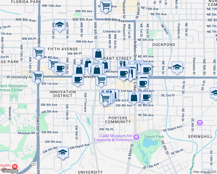 map of restaurants, bars, coffee shops, grocery stores, and more near 400 Southwest 2nd Avenue in Gainesville