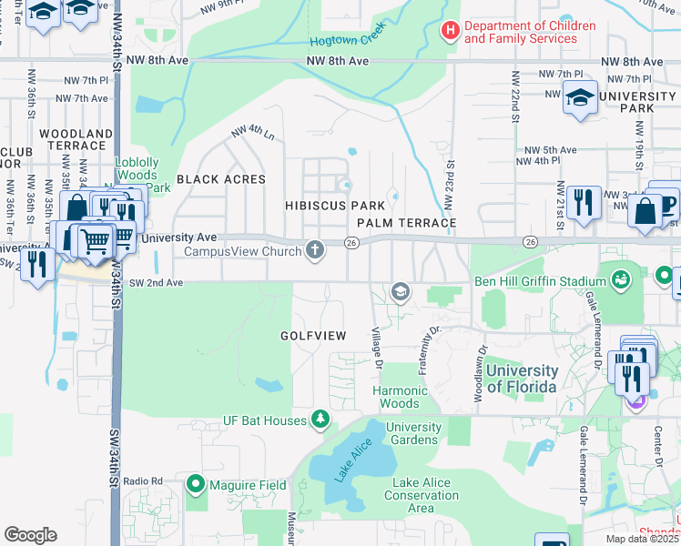 map of restaurants, bars, coffee shops, grocery stores, and more near 2612 Southwest 2nd Avenue in Gainesville
