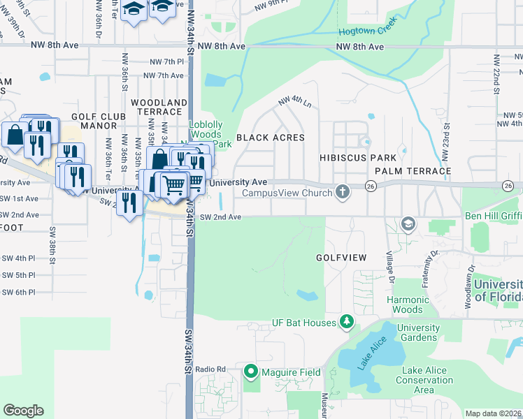 map of restaurants, bars, coffee shops, grocery stores, and more near 3020 Southwest 2nd Avenue in Gainesville