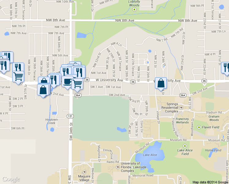 map of restaurants, bars, coffee shops, grocery stores, and more near 2828 Southwest 2nd Avenue in Gainesville