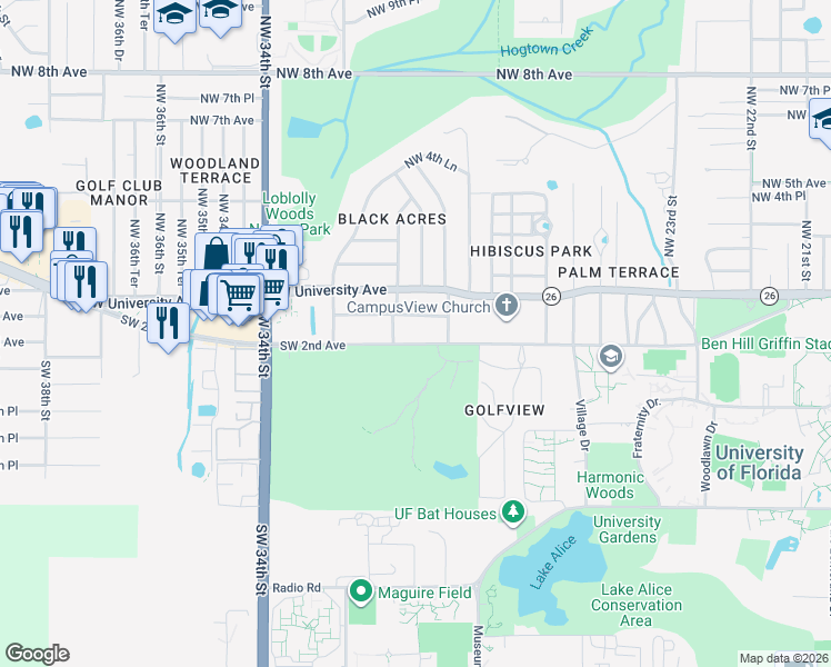 map of restaurants, bars, coffee shops, grocery stores, and more near 2828 Southwest 2nd Avenue in Gainesville