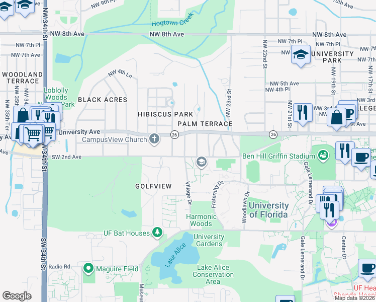 map of restaurants, bars, coffee shops, grocery stores, and more near 120 Village Drive in Gainesville
