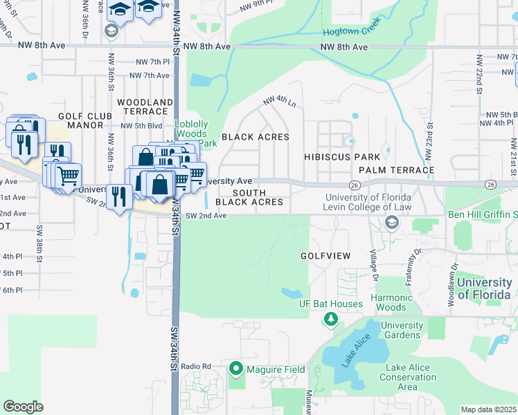 map of restaurants, bars, coffee shops, grocery stores, and more near 2928 Southwest 2nd Avenue in Gainesville