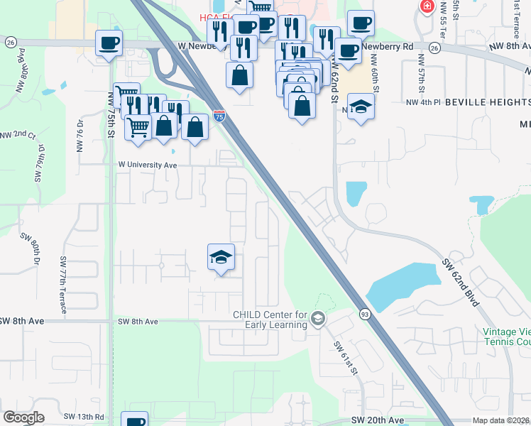 map of restaurants, bars, coffee shops, grocery stores, and more near 110 Castle Drive in Gainesville