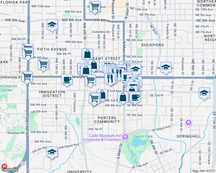 map of restaurants, bars, coffee shops, grocery stores, and more near 230 Southwest 2nd Avenue in Gainesville
