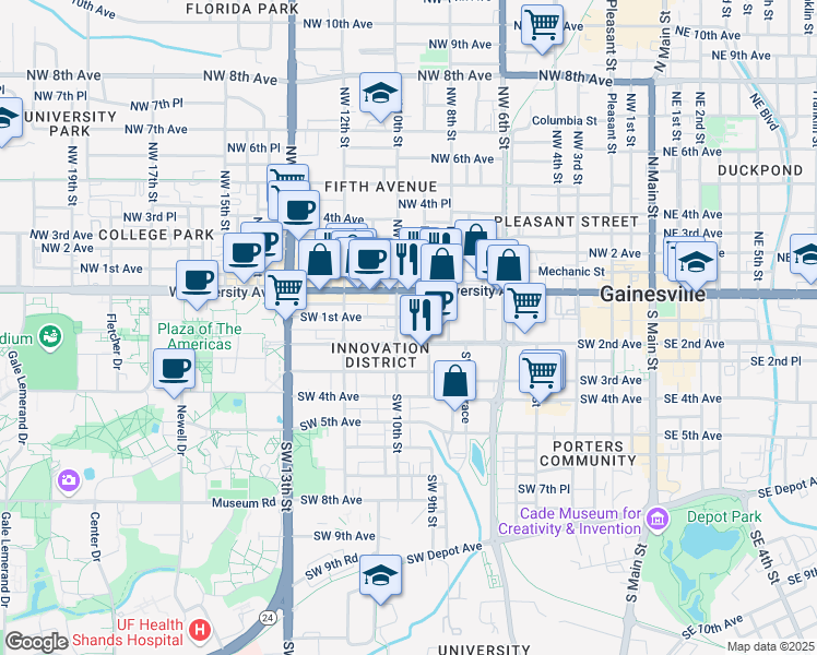 map of restaurants, bars, coffee shops, grocery stores, and more near in Gainesville
