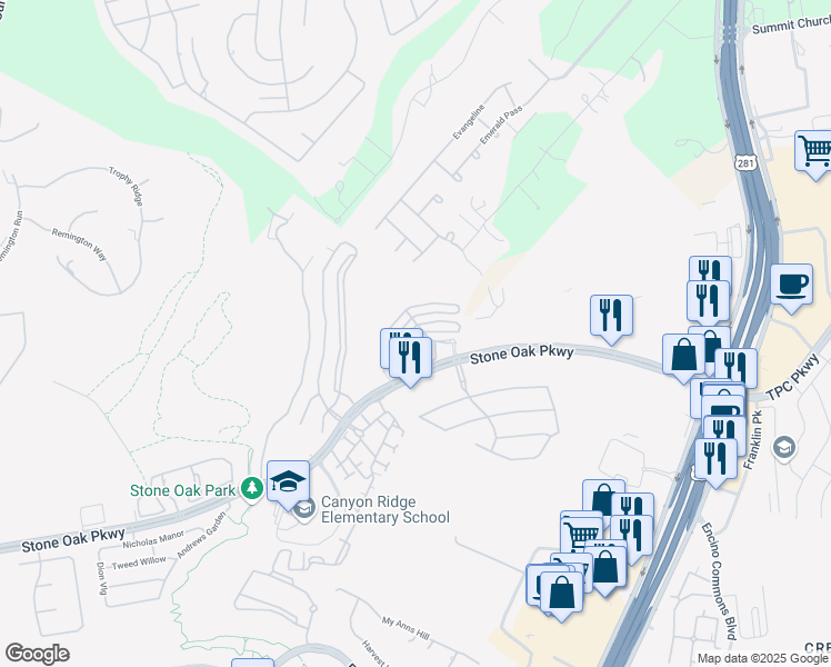 map of restaurants, bars, coffee shops, grocery stores, and more near 20659 Stone Oak Parkway in San Antonio