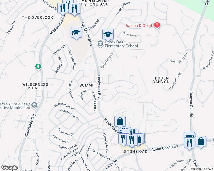 map of restaurants, bars, coffee shops, grocery stores, and more near 22319 Mesa Butte in San Antonio