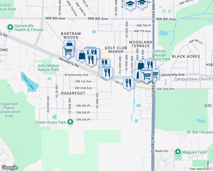 map of restaurants, bars, coffee shops, grocery stores, and more near 206 Southwest 37th Street in Gainesville