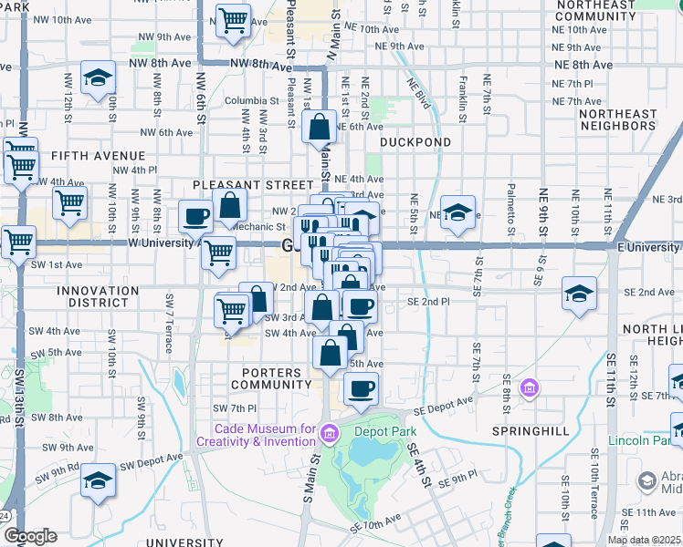 map of restaurants, bars, coffee shops, grocery stores, and more near 12 Southeast 2nd Avenue in Gainesville
