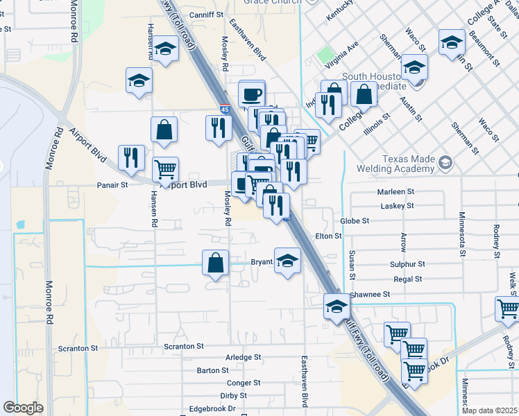 map of restaurants, bars, coffee shops, grocery stores, and more near 9820 Gulf Freeway in Houston