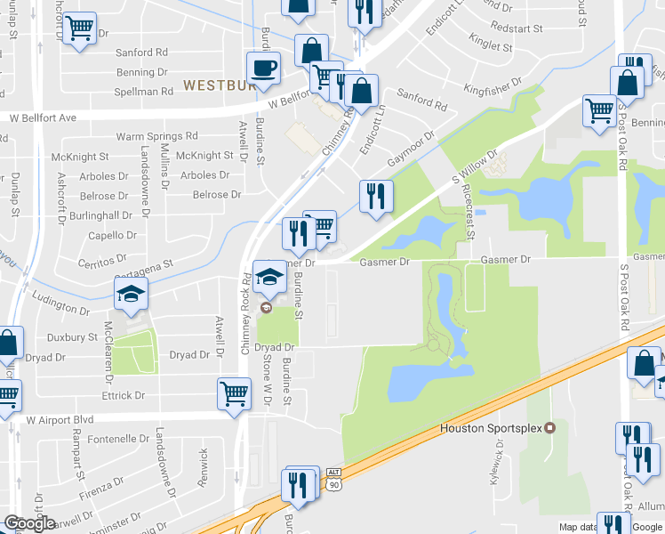 map of restaurants, bars, coffee shops, grocery stores, and more near 5547 Gasmer Drive in Houston
