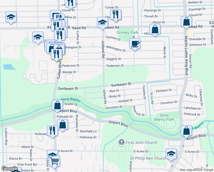 map of restaurants, bars, coffee shops, grocery stores, and more near 5100 Sunbeam Street in Houston