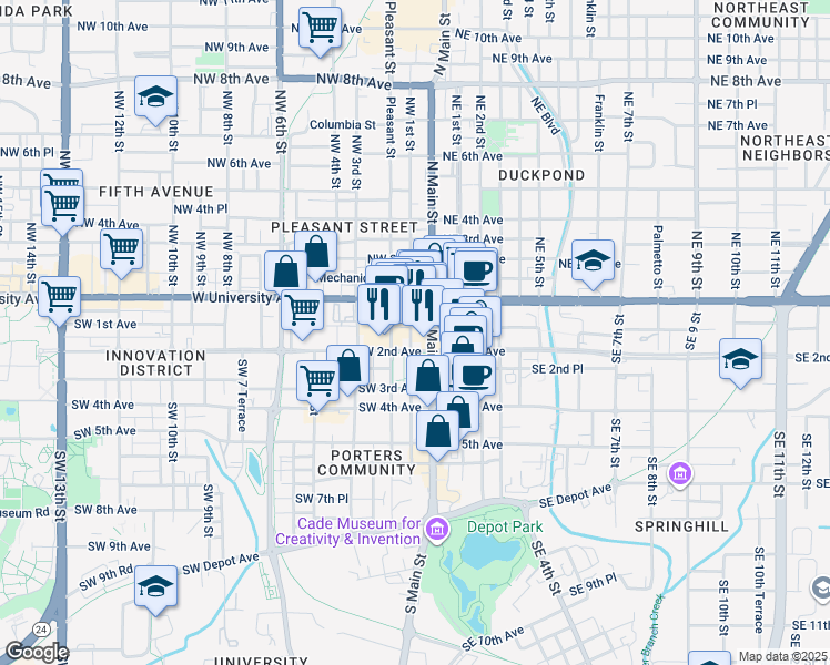 map of restaurants, bars, coffee shops, grocery stores, and more near 100 Southwest 1st Avenue in Gainesville