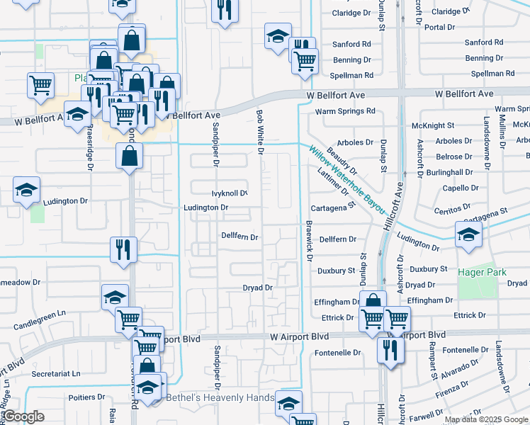 map of restaurants, bars, coffee shops, grocery stores, and more near 11822 Bob White Drive in Houston