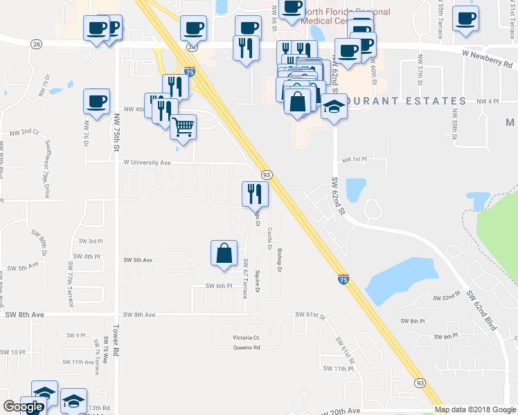 map of restaurants, bars, coffee shops, grocery stores, and more near 509 Kings Court in Gainesville