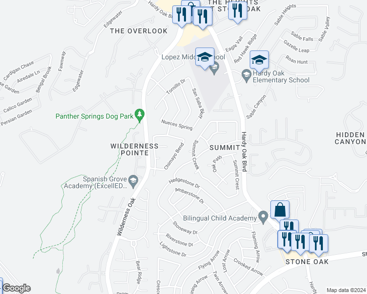 map of restaurants, bars, coffee shops, grocery stores, and more near 22358 Chimayo Bend in San Antonio