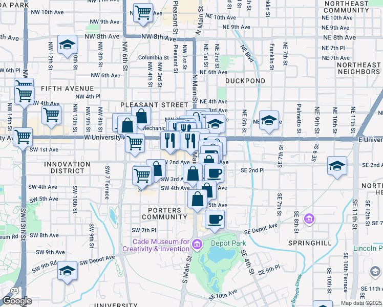 map of restaurants, bars, coffee shops, grocery stores, and more near 100 Southwest 1 Avenue in Gainesville