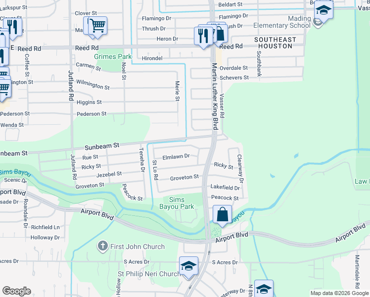 map of restaurants, bars, coffee shops, grocery stores, and more near 5623 Elmlawn Drive in Houston