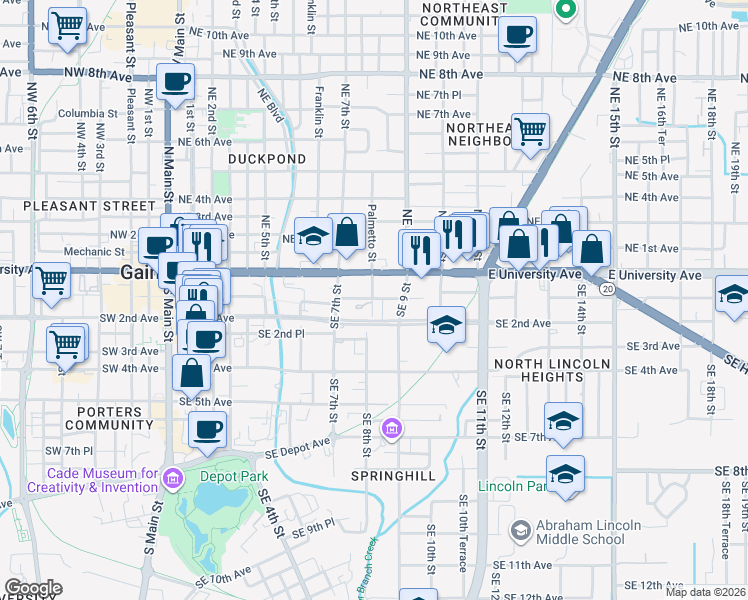 map of restaurants, bars, coffee shops, grocery stores, and more near 826 Southeast 2nd Avenue in Gainesville