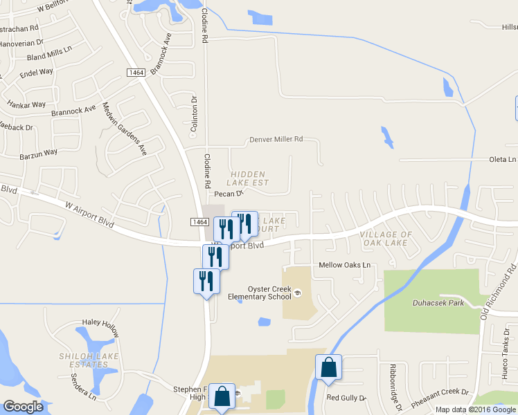 map of restaurants, bars, coffee shops, grocery stores, and more near 16526 Pademelon Drive in Sugar Land