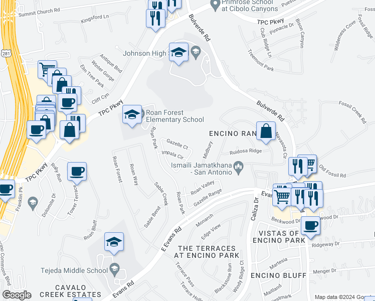 map of restaurants, bars, coffee shops, grocery stores, and more near 114 Gazelle Court in San Antonio