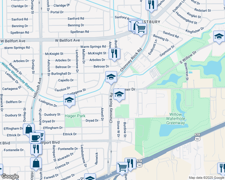 map of restaurants, bars, coffee shops, grocery stores, and more near Chimney Rock Rd & Gasmer Dr in Houston