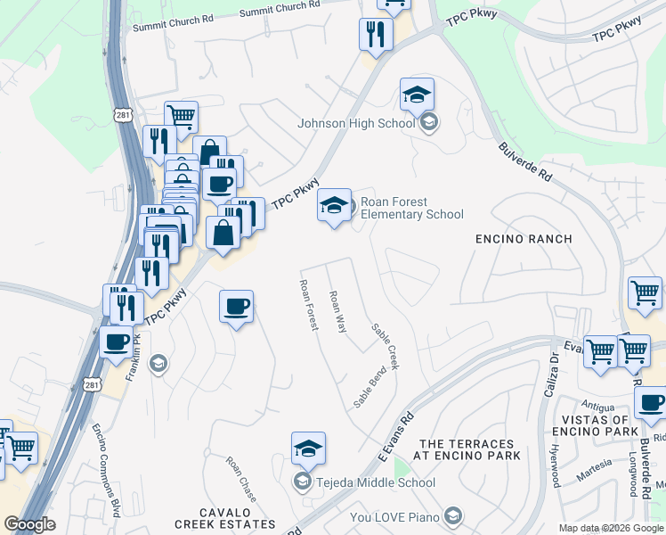 map of restaurants, bars, coffee shops, grocery stores, and more near 3254 Roan Way in San Antonio