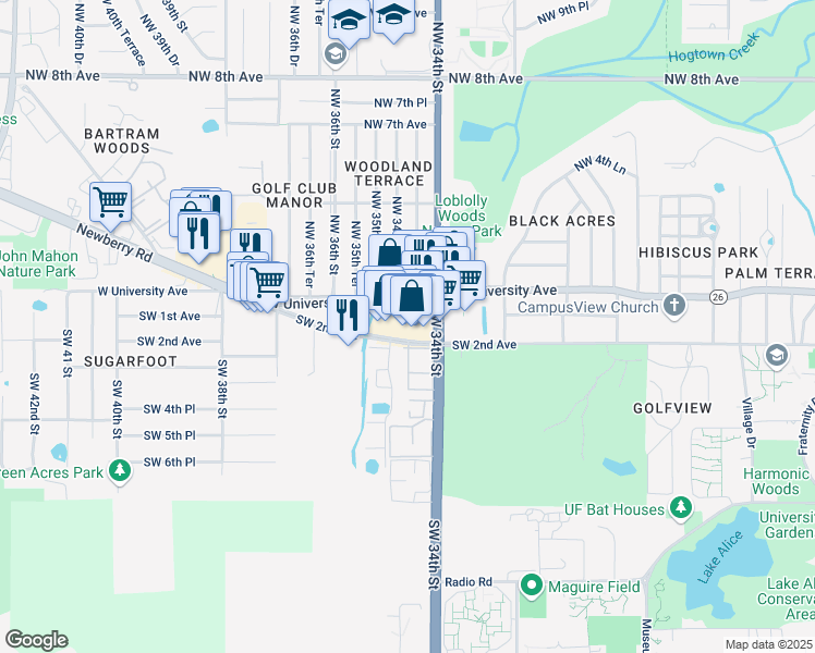 map of restaurants, bars, coffee shops, grocery stores, and more near 3421 Florida 26 in Gainesville