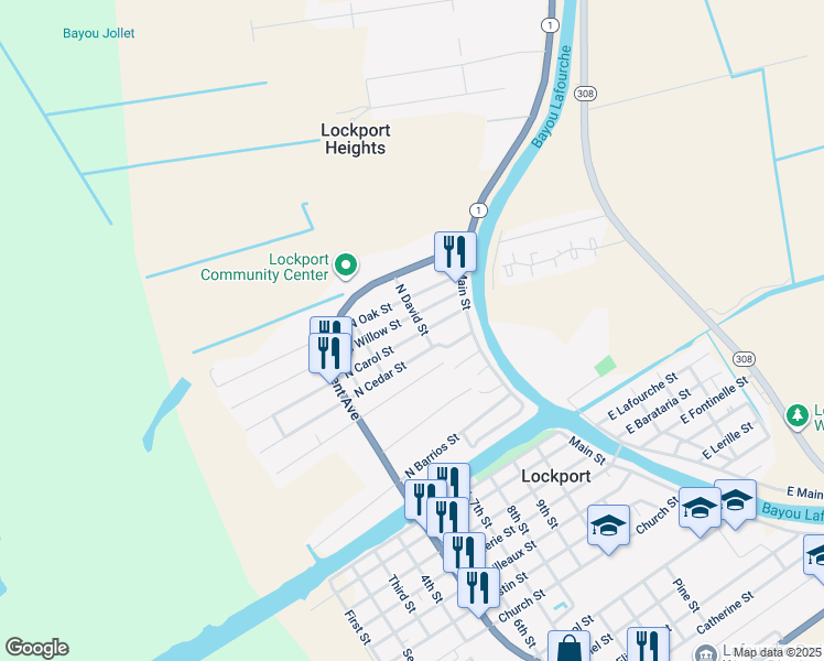 map of restaurants, bars, coffee shops, grocery stores, and more near 204 North Carol Street in Lockport