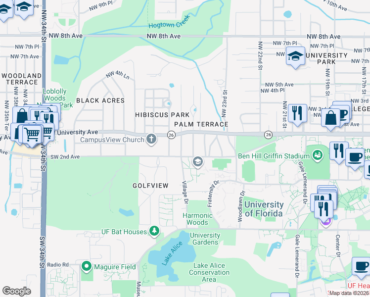 map of restaurants, bars, coffee shops, grocery stores, and more near 120 Village Drive in Gainesville