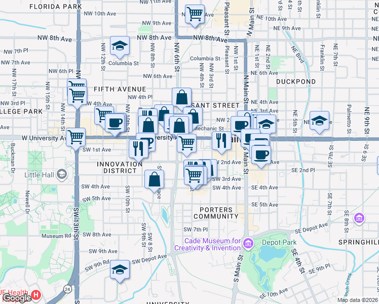 map of restaurants, bars, coffee shops, grocery stores, and more near in Gainesville