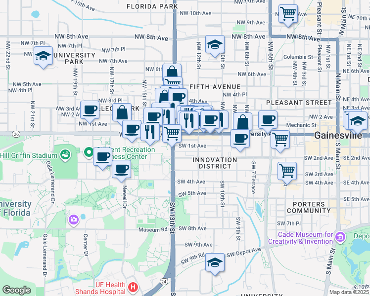 map of restaurants, bars, coffee shops, grocery stores, and more near 1216 Southwest 2nd Avenue in Gainesville