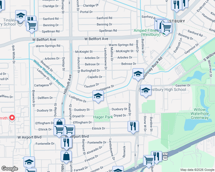 map of restaurants, bars, coffee shops, grocery stores, and more near 5707 Cartagena Street in Houston