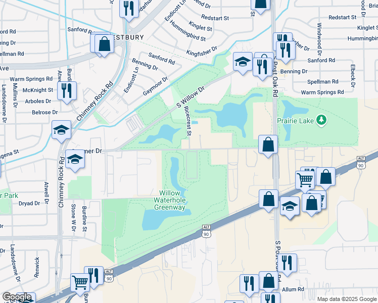 map of restaurants, bars, coffee shops, grocery stores, and more near 5251 Gasmer Drive in Houston