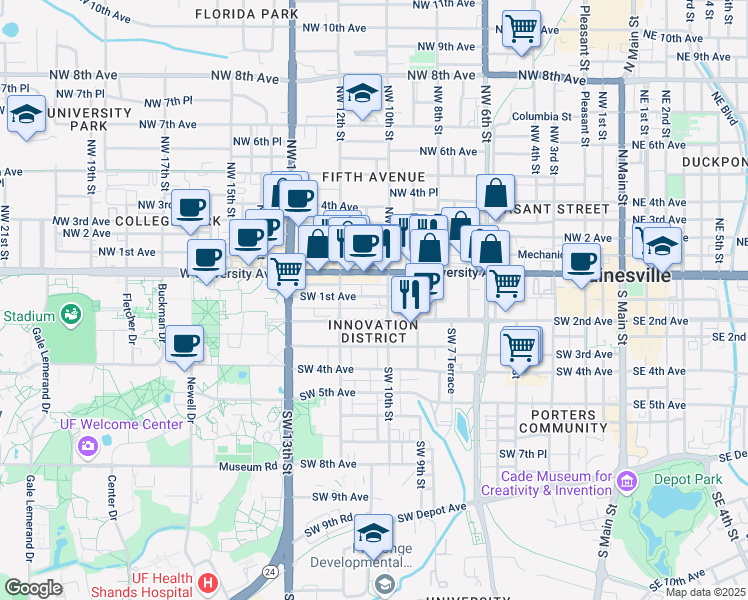 map of restaurants, bars, coffee shops, grocery stores, and more near in Gainesville