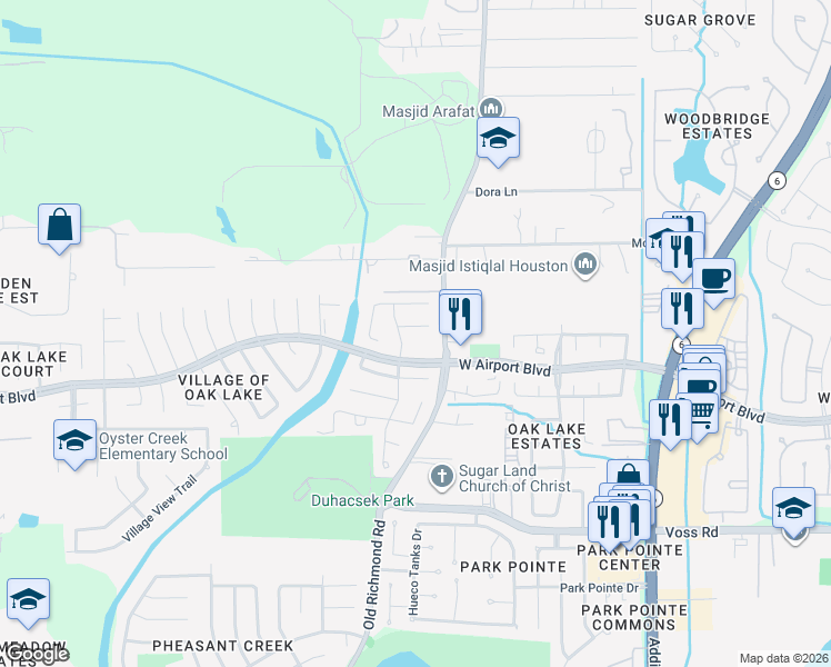 map of restaurants, bars, coffee shops, grocery stores, and more near 16627 Cobbler Crossing Drive in Sugar Land