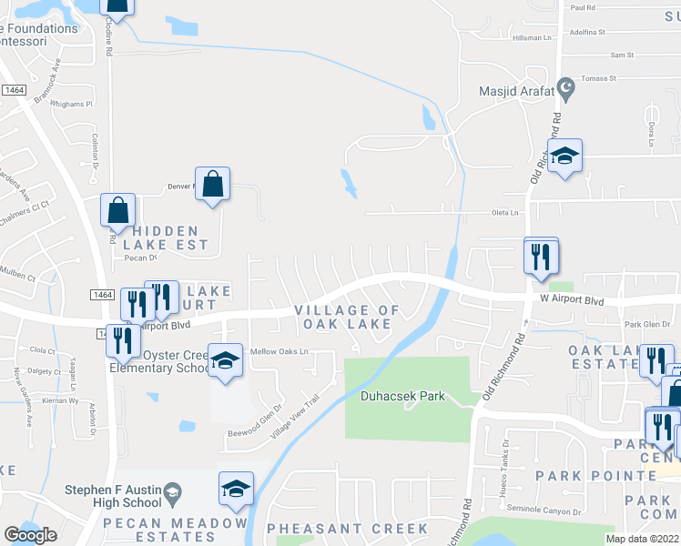 map of restaurants, bars, coffee shops, grocery stores, and more near 16327 Elmwood Point Lane in Sugar Land