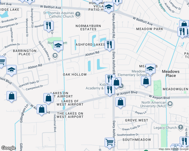 map of restaurants, bars, coffee shops, grocery stores, and more near 12411 Maily Meadow Lane in Sugar Land